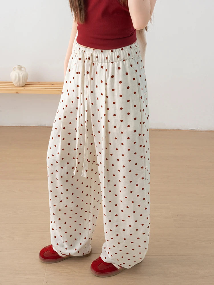 Linen Polka Dot Wide-Leg Pants for Women's Summer, Thin High-Waisted Loose and Laid-Back Style Yamamoto Pants, Casual Straight-L