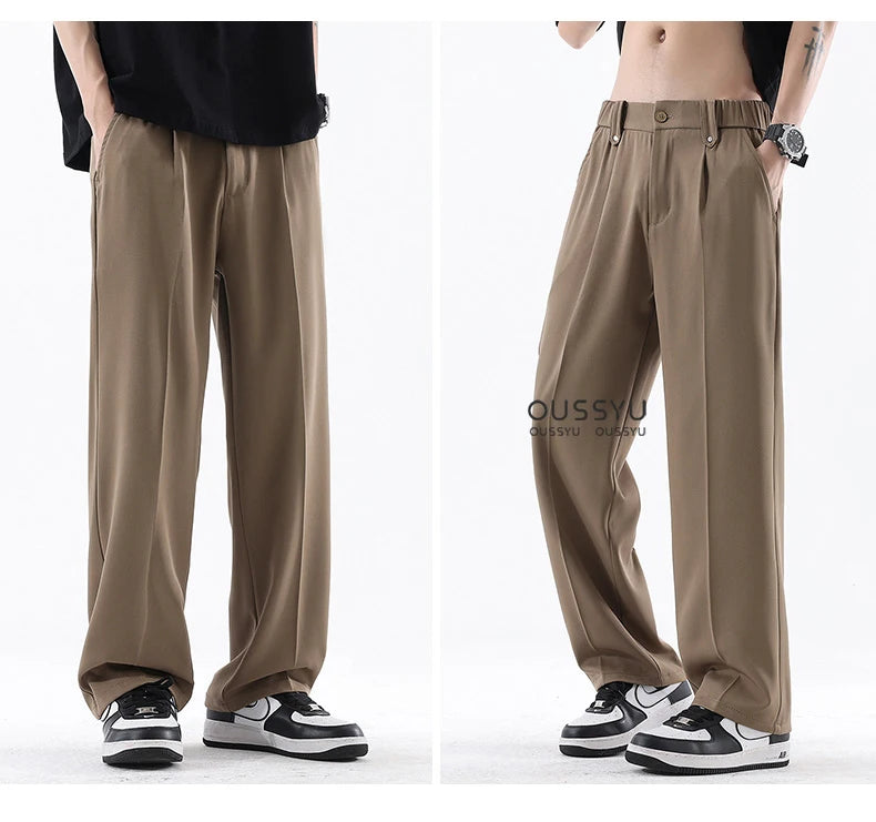 Spring Summer Smooth Casual Pants Men Business Elastic Waist Black Grey Khaki Suit Trousers Male Work Office Plus Size S-5XL