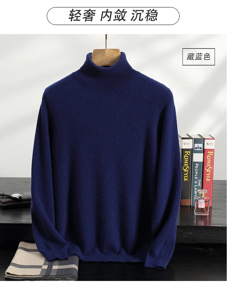 Autumn/Winter Men's 100% Cashmere Pullover Business Casual Solid Knitted Sweater Loose High Collar Tops Basic Thick Warm Jumper
