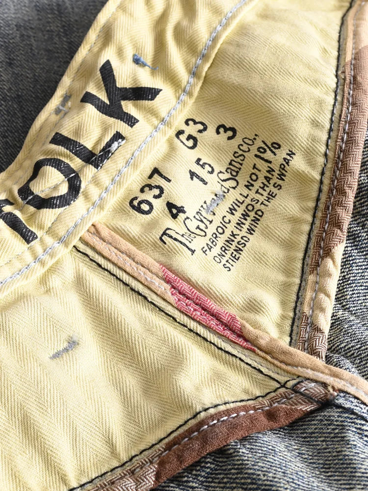 Heavyweight 100% Cotton Relaxed Straight Denim Jeans Vintage Washed & Distressed American Casual Pants for Men Amekaji Retro