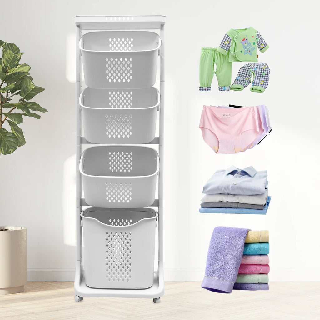 2/4 Tier Laundry Basket Cart Removable Rolling Cart Storage Buckets Plastic Hamper with 4 Wheels Organizer Portable Sort