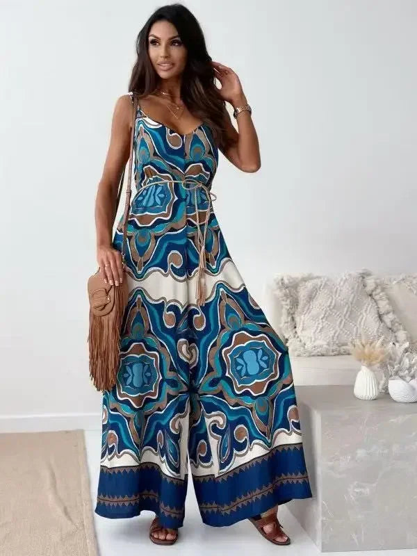 Pop Fashion Elegant V-neck High Waist Jumpsuit Women's Pattern Print Loose Long Romper Causal Sleeveless Wide Leg Playsuit Women