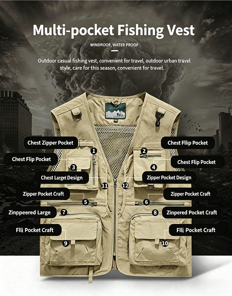 Mesh Men's Fishing Vest Multi Zip Pocket Hiking Waistcoat Male Light Thin Outdoor Sleeveless Jacket Work Summer Travel Plus Size