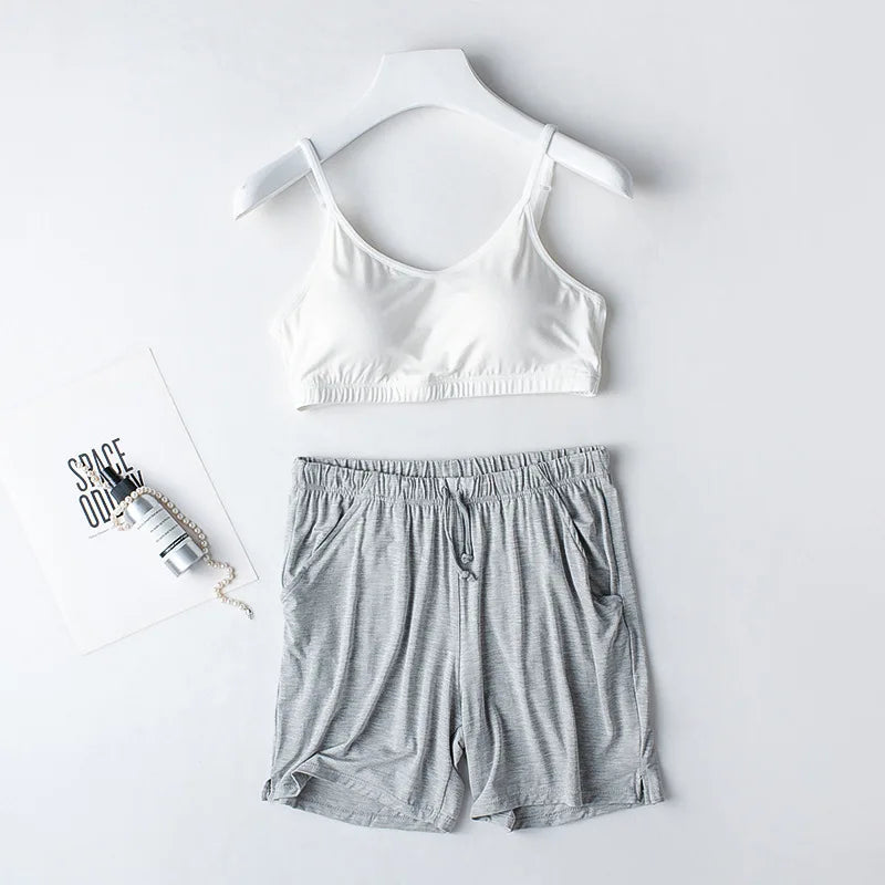 Spring/Summer Ladies Pajamas Sling + Shorts Modal With Chest Pad Solid Color Homewear Set Pajamas Sleepwear Lingerie