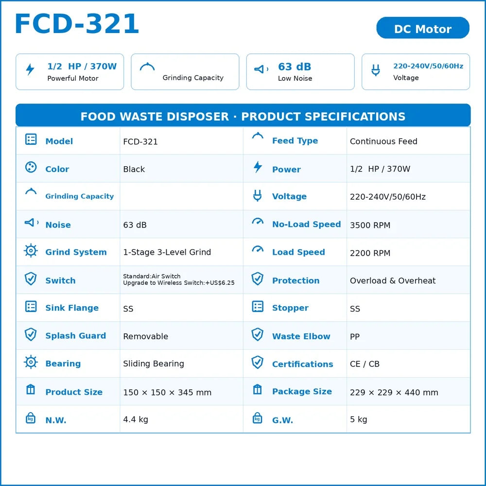 0.5HP 370W Food Waste Disposer Standard Sample CE CB 220-240V Fast Dispatch Source Factory OEM Source Distributor Test