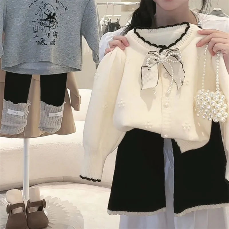 Girls' Autumn Set Spring Korean Baby Children's Sweet Sweater Coat Loose Bellbottom Pants Two Piece Set