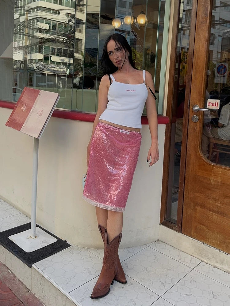 Sexy Pink Sequin Midi Skirt Women Ruched Lace Patchwork Elastic Waist Bodycon Pencil Skirts Lady Club Party Dating Glitter Wear