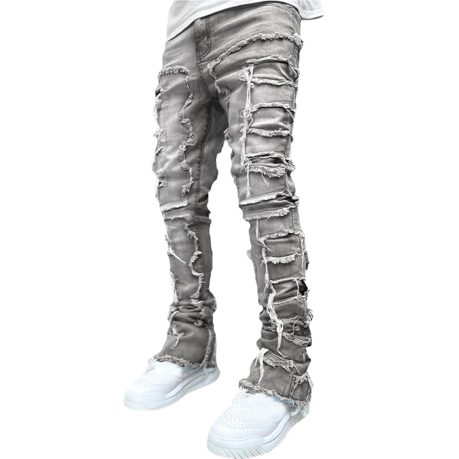 2026 New Men's Denim Straight-Leg Pants, European and American Street Fashion Ins Stretch Patch Denim Straight-Leg Pants