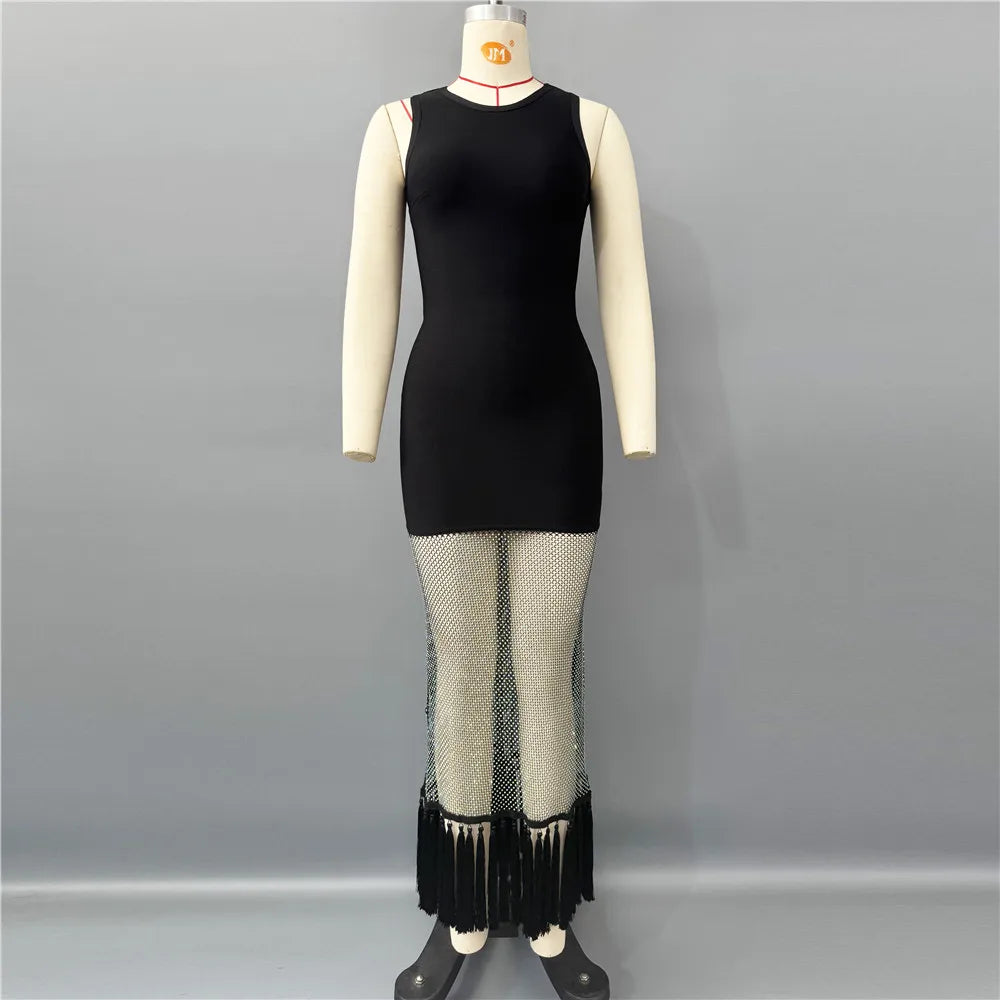 2025 New Women Sleeveless Bandage Dress Sexy Beading Tassels Clothes Club Party Elegant Dresses