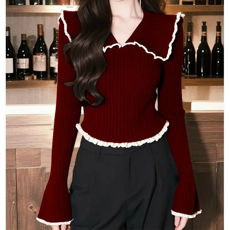 2025 Spring Lapel Lace Flared Sleeve Blue Sweater Korean Top