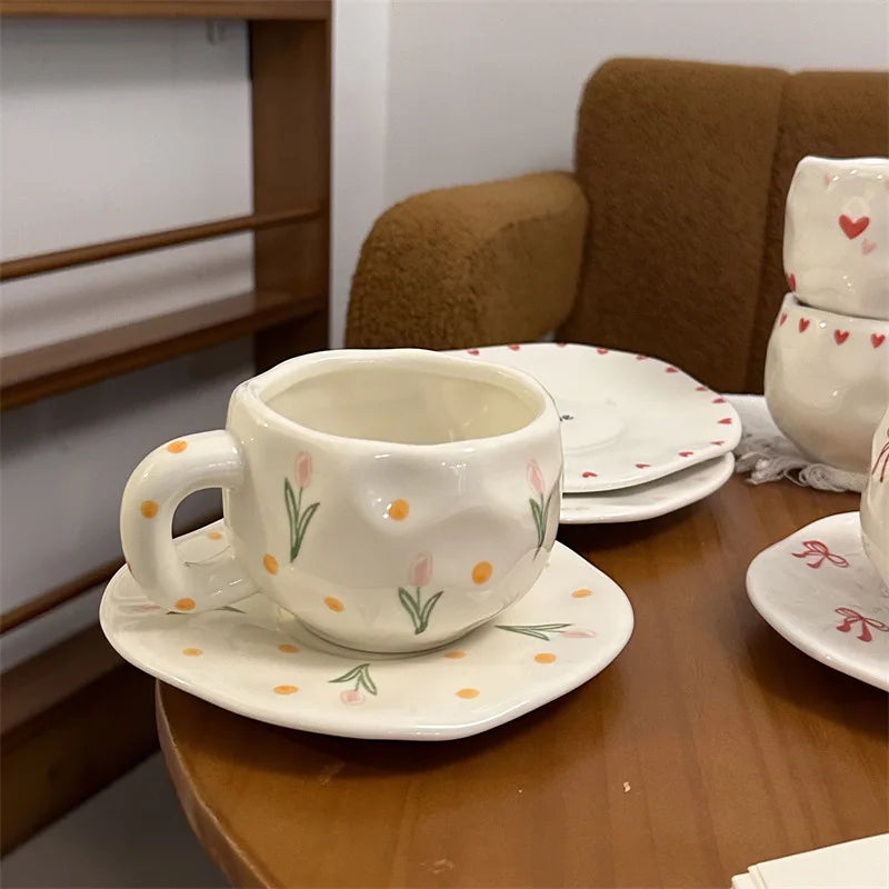 ins style retro flower ceramic cups and saucers, hand-squeezed irregular coffee cups and saucers, afternoon tea cups and saucers