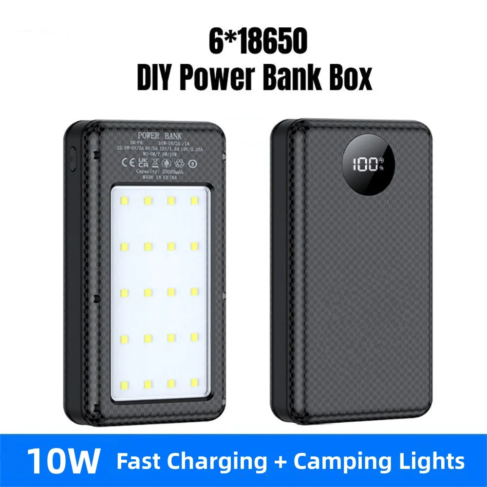 6x18650 Battery Holder 10W Fast Charging Digital Display DIY Mobile Power Case Dual USB Type C Wireless Charging Power Case