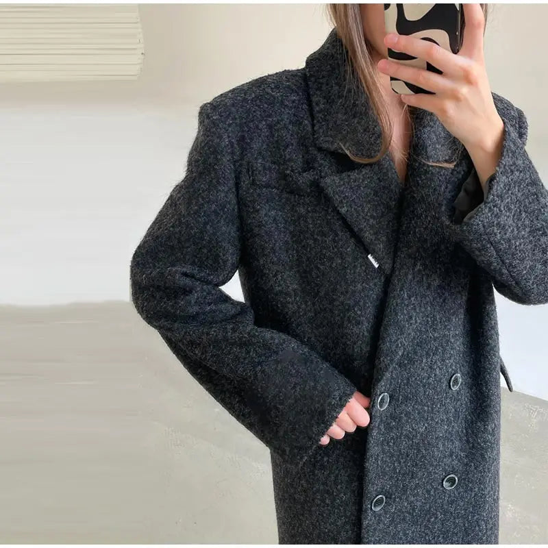 Women's Long Overcoats Lapel Full Sleeve Oversized Woolen Coats Autumn Female Double Breasted Solid Loose Jackets New Outerwears