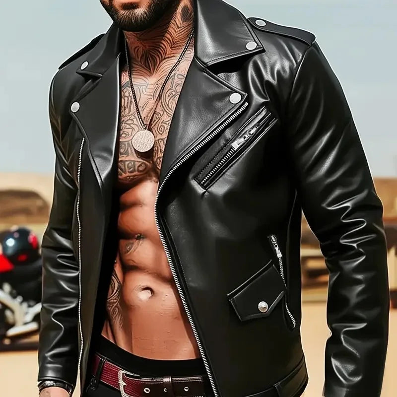 Street Style Men's Biker PU Leather Jacket Zipper Closure Slim Fit Handsome Motorcycle Function Outerwear Summer Season