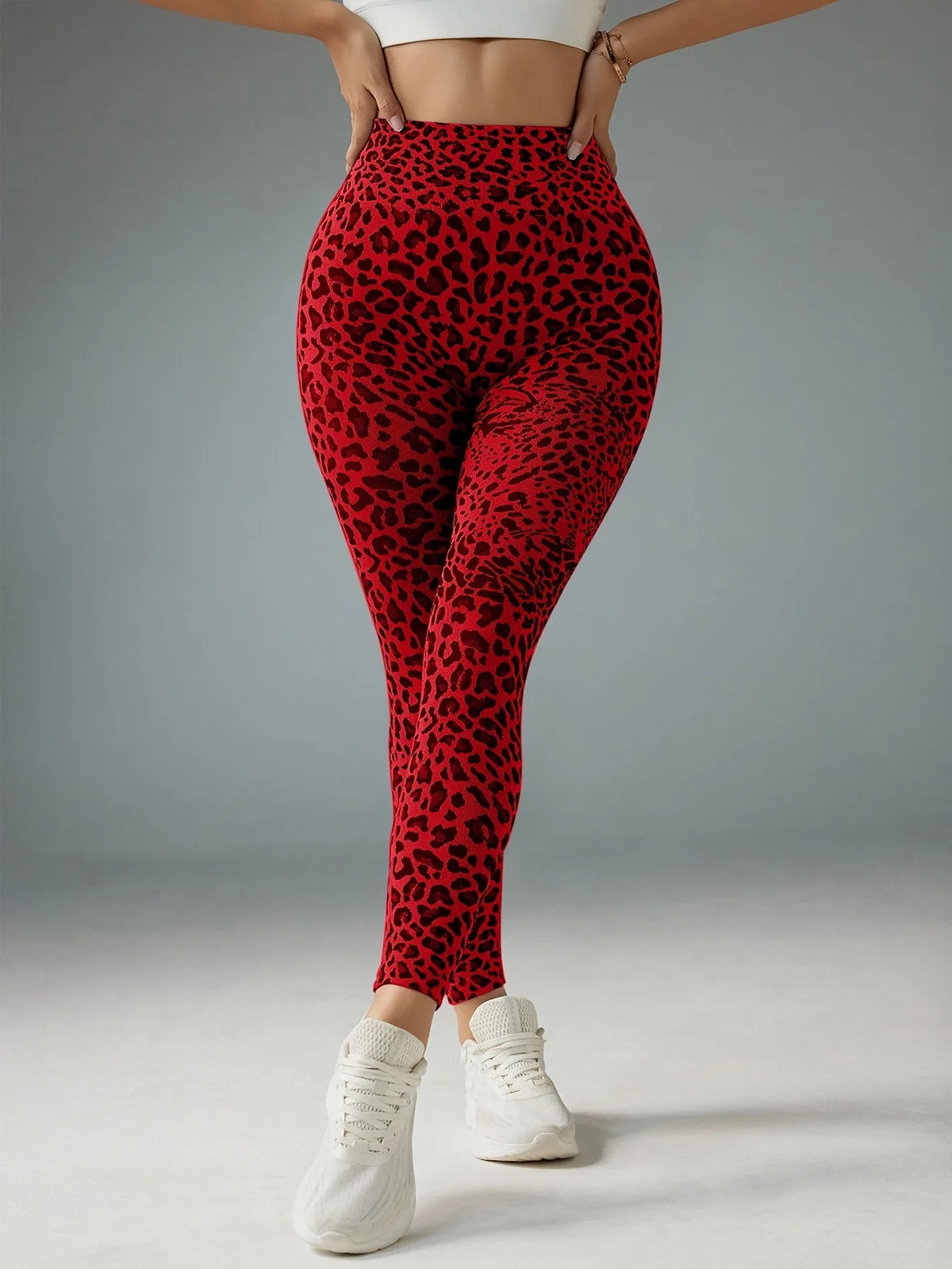 Women Mid‑Rise Fleece Lined Leggings Grey Leopard Print Slim Stretchy Warm Yoga Workout Pants
