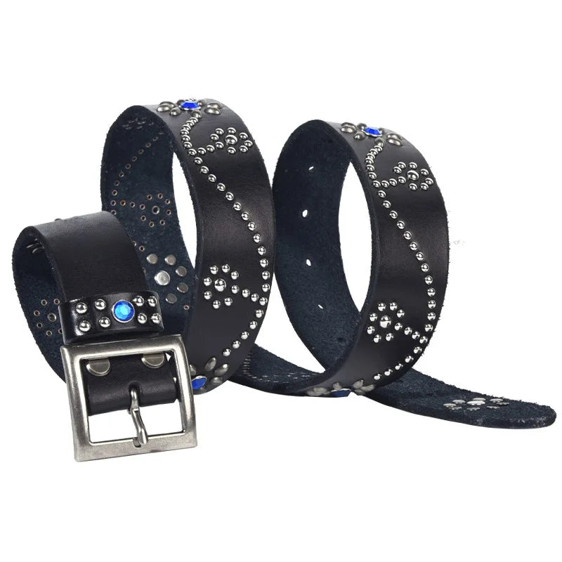 Men High Quality Pure Cowhide Belt Genuine Leather Strap Male Luxury Pin Buckle Diamond-studded Rivets Jeans Belts for Women