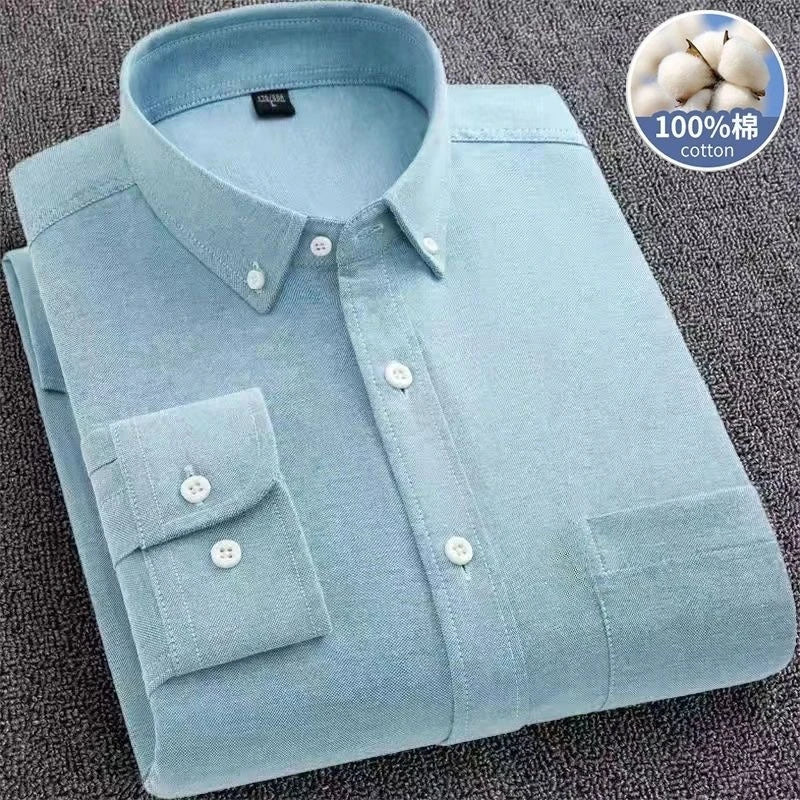2026 Men's Oxford Long Sleeve Shirts 100% Cotton Solid Color Turn Down Collar Regular Fit Daily Men Clothing Button-down Shirts