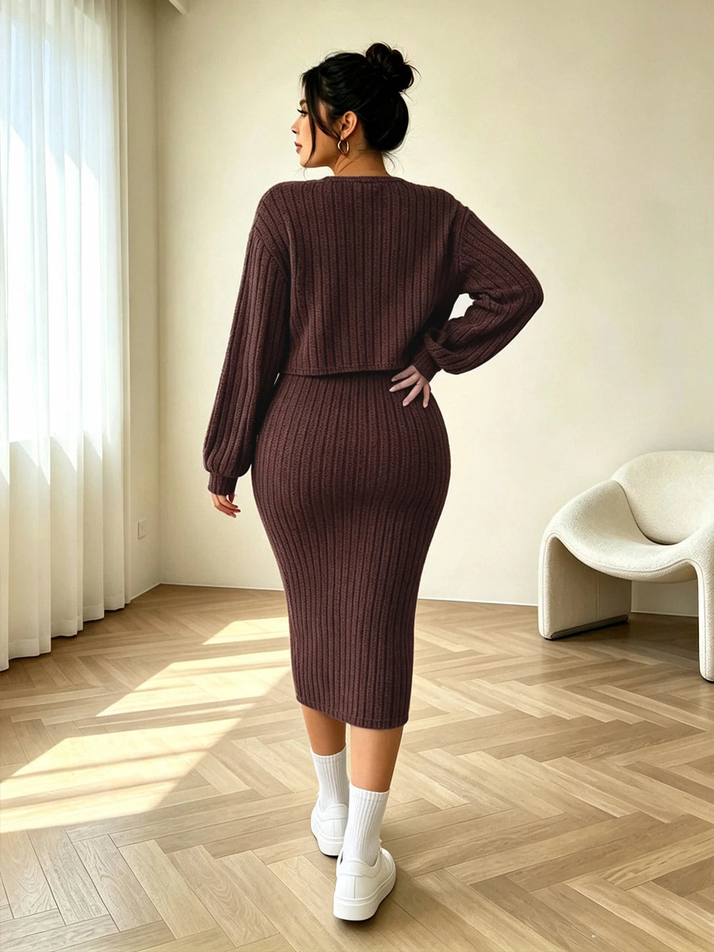 Plus-size women's new autumn ribbed knit drop-shoulder front-button jacket and fitted midi dress