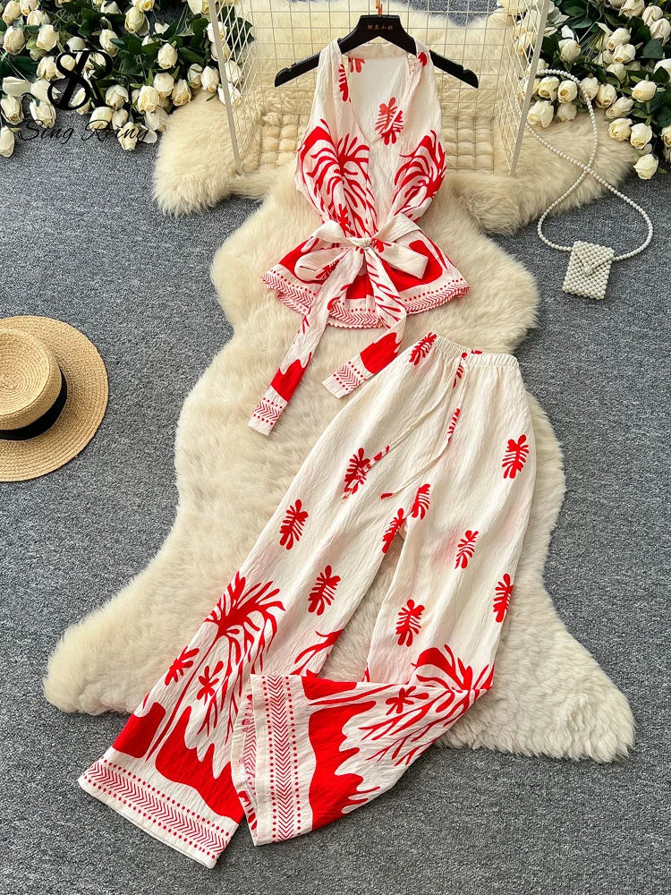 SINGREINY Boho Print Vacation Suits Summer 2026 Sleeveless Lace Up Tank Top+Loose Wide Leg Pant Chic Lazy Casual Women 2pcs Sets