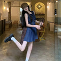 Retro Literary Round Neck Denim Vest Skirt For Women Summer New Loose Slimming Pleated A-line Skirt