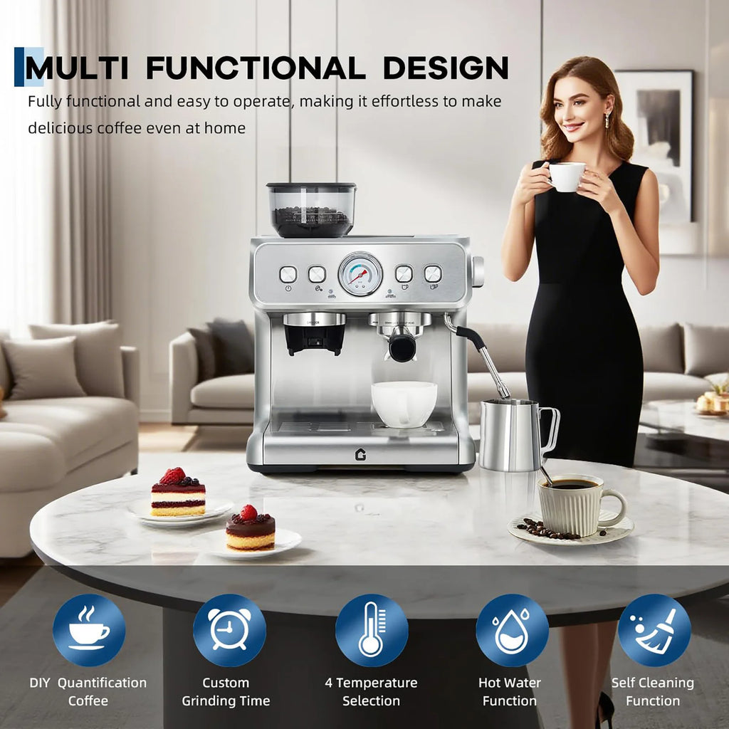 20 Bar Stainless Steel Espresso Machine With Grinder & Milk Frother 2.8L Removable Tank Adjustable Shot Volume For Home Office