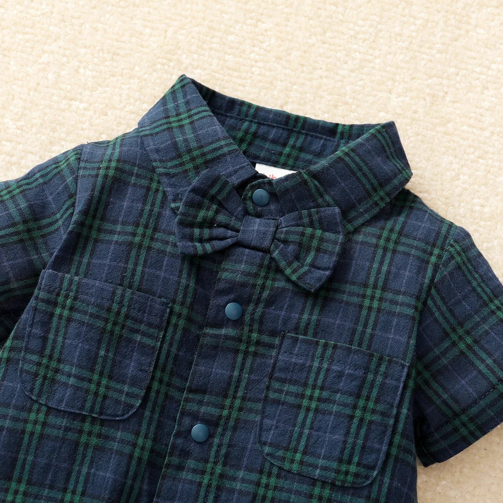 Baby Boy Jumpsuit Lapel Bow Checkered Short Sleeve Little Gentleman Jumpsuit for 0-18 Months Baby Boy Summer Fashion Clothing