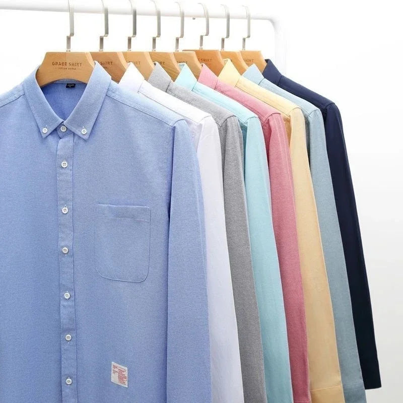 2026 Men's Oxford Long Sleeve Shirts 100% Cotton Solid Color Turn Down Collar Regular Fit Daily Men Clothing Button-down Shirts
