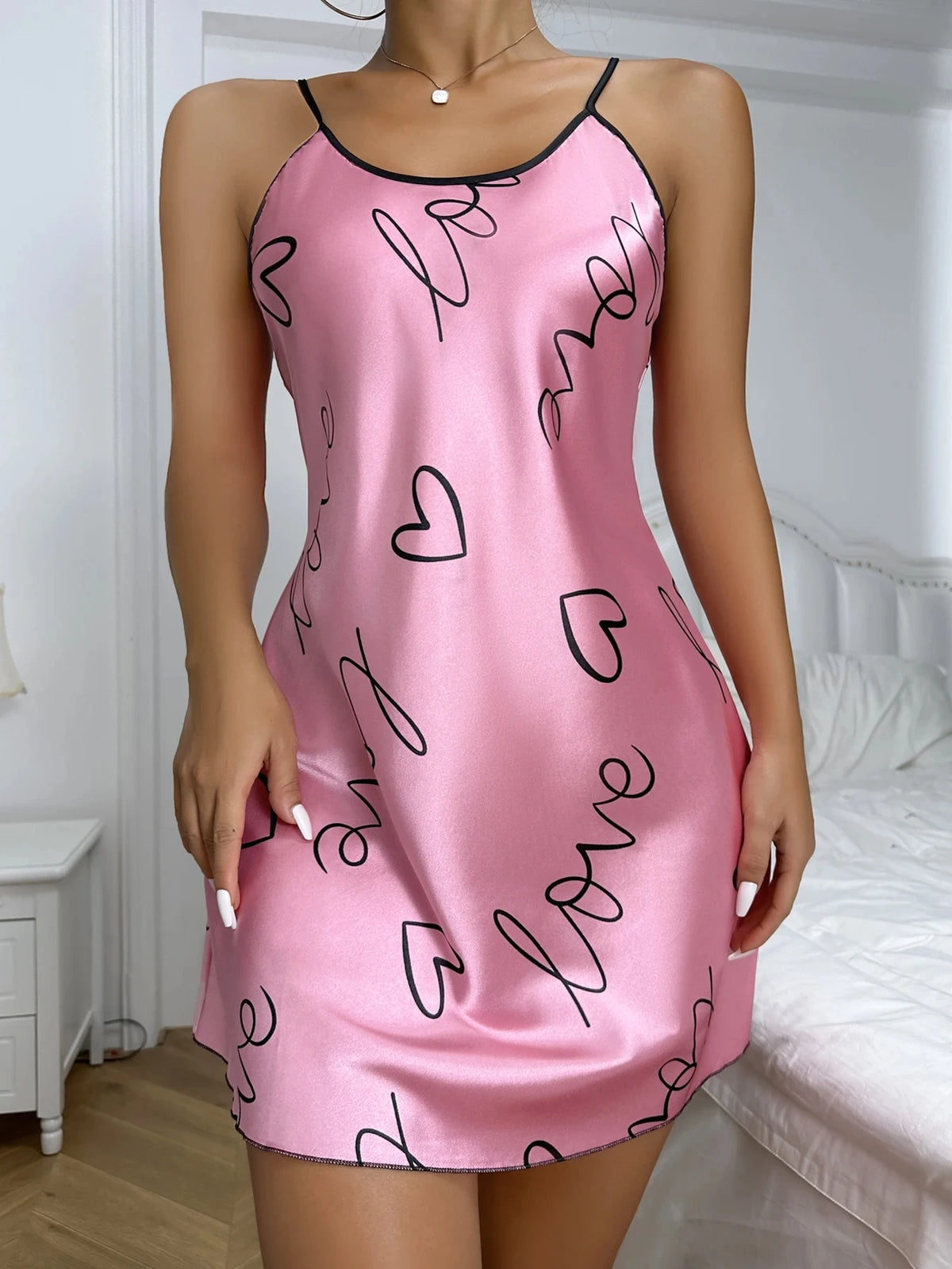 Heart Letter Print Nightdress Casual Round Neck Spaghetti Strap Sleep Dress Women's Sleepwear Dresses
