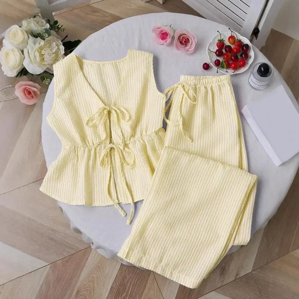 Women's Striped 2 Piece Outfits Tie Front Ruffle Tank Top Loose Fit Women Suit Summer Casual Sleeveless Lounge Sets