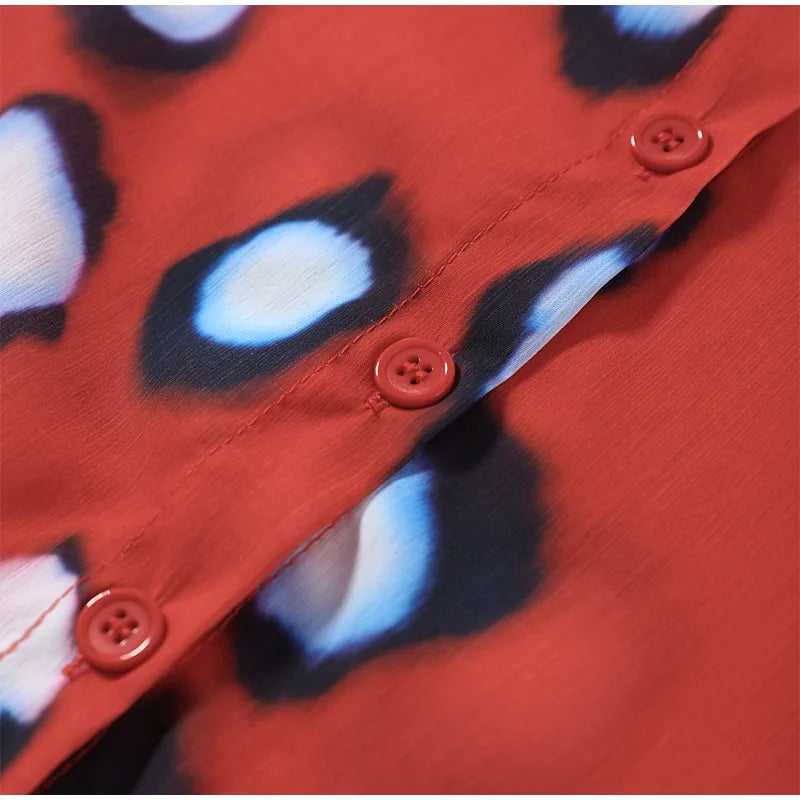 Beach Vacation Printed Shirt Pant Set Women Red See Through Lapel Full Sleeve Button Shirts Pants Suit 2026 Summer Casual Outfit