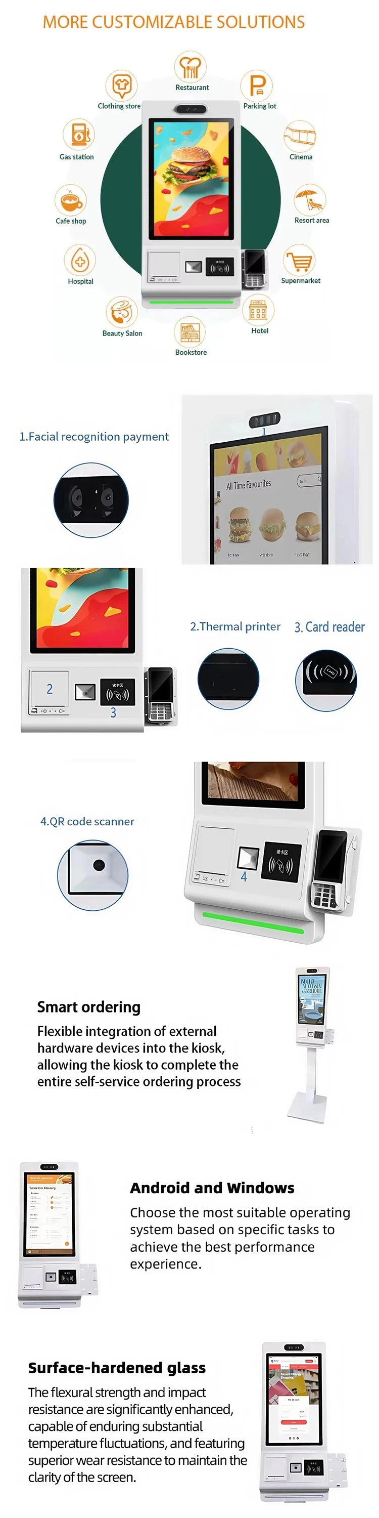 21.5/23.6/27/32 Inch Touch Screen Ordering Kiosk Windows Android Interactive Outdoor Self Ordering Payment Machine