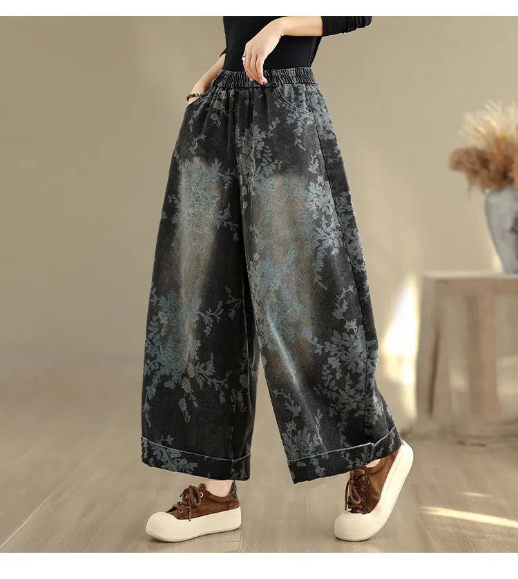 Spring Summer Retro Printed Denim Pants for Women Good Quality Elastic Waist Jeans Loose Casual Wide Leg Straight Trouser