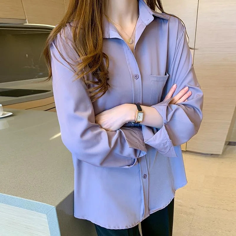 Women Spring Autumn Style Blouses Shirts Lady Casual Long Sleeve Turn-down Collar Solid Color Blusas Tops WY1034