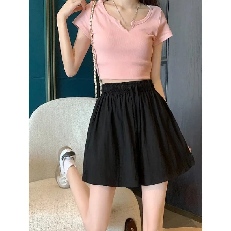 Summer New Solid Women’s Shorts Casual Drawstring Design Wide Leg Pants Women Korean Streetwear Shorts Trousers Oversized 2026