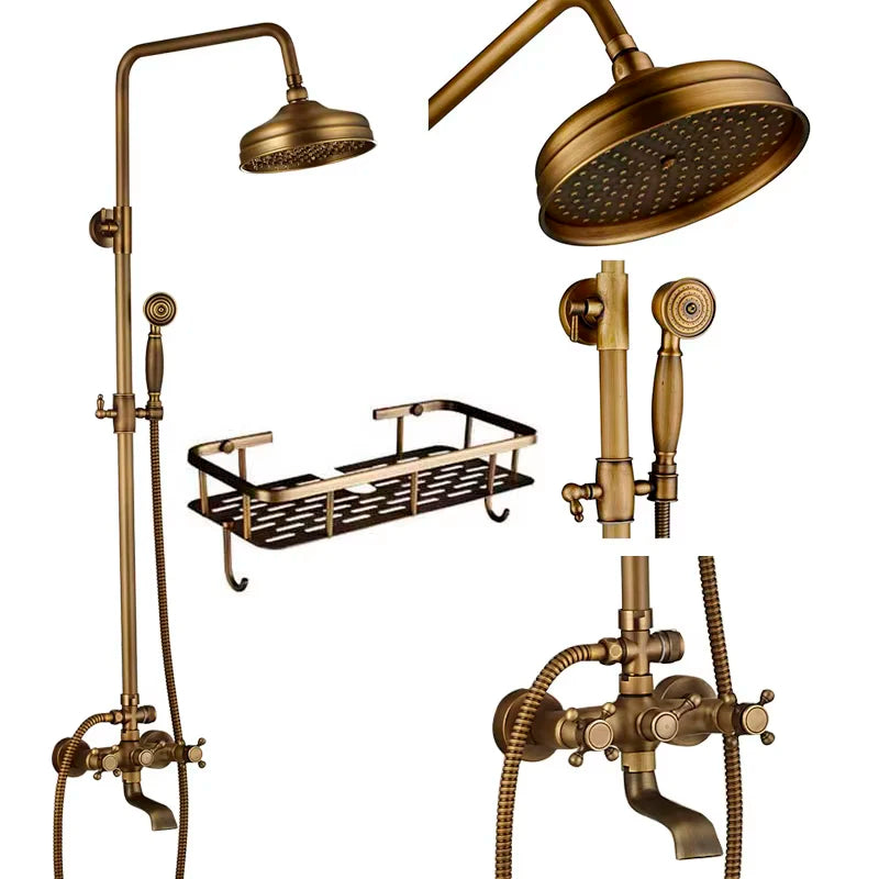 Antique Brass Shower Faucet Set Rainfall Head Shower with Handshower Wall Mount Dual Handle Mixer Bathroom Shower System