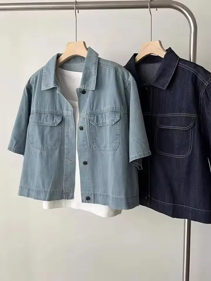 Retro Thin Casual Denim Short Sleeve Jacket Women 2025 Summer High-End Elegance Top Denim Shirt  Female