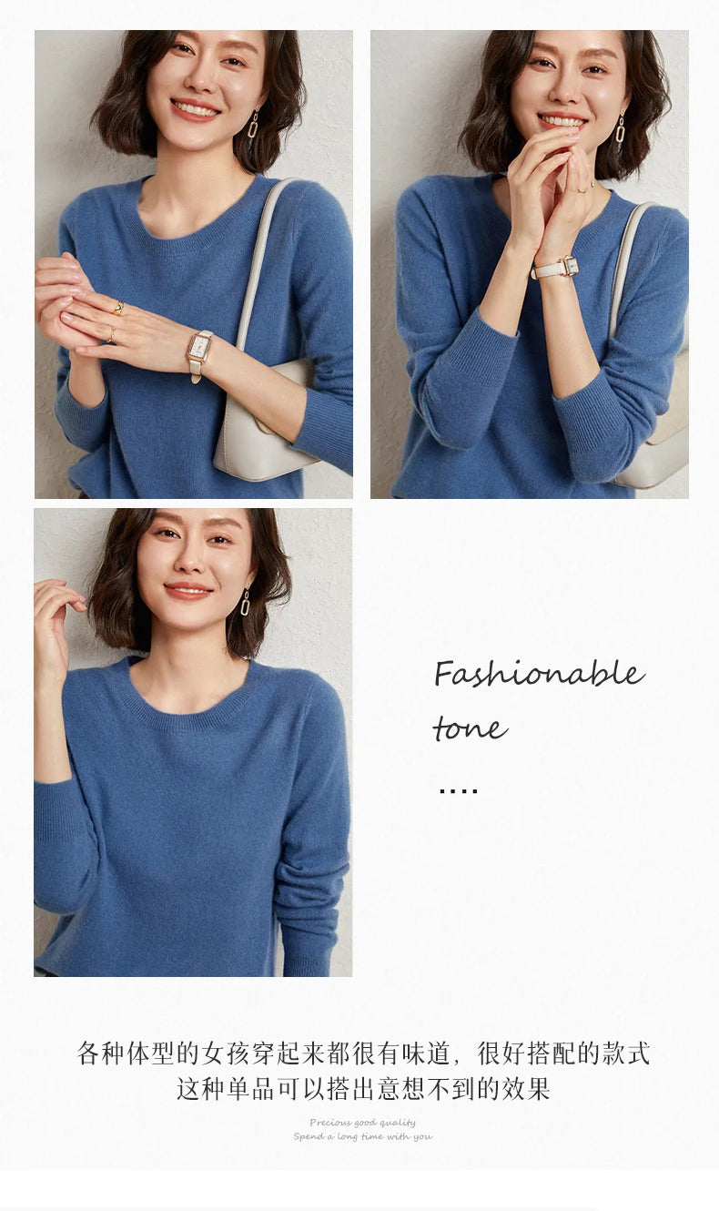 100%Merino Pure Wool Pullover Sweater For AutumnWinter Women's Round Neck Warm High-Quality Solid Color Basic Knitted Jumper Top