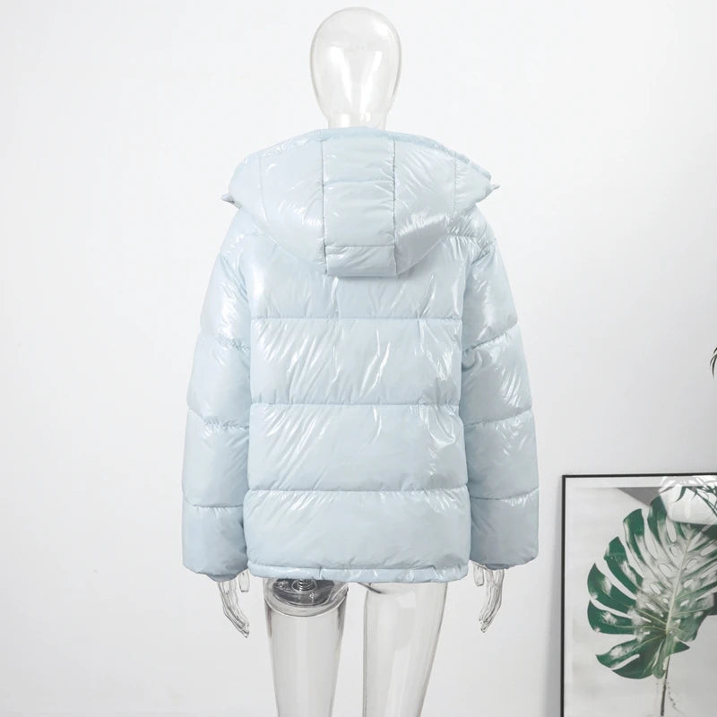 High Street Women's Glossy Zipper Hooded Coats Warm Elastic Waist Pleated Short Cotton Female Jacket 2026 Winter New Lady Outfit