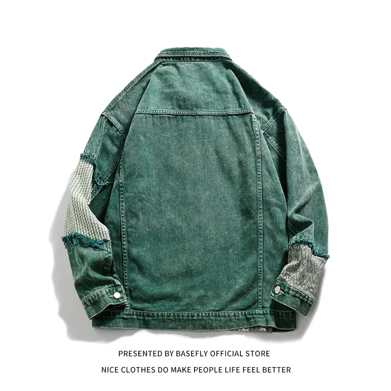New Arrival Green Patchwork Men Women Unisex Denim Jean Jacket Coat Bomber Shirt Casual Couple Retro Vintage Streetwear Autumn