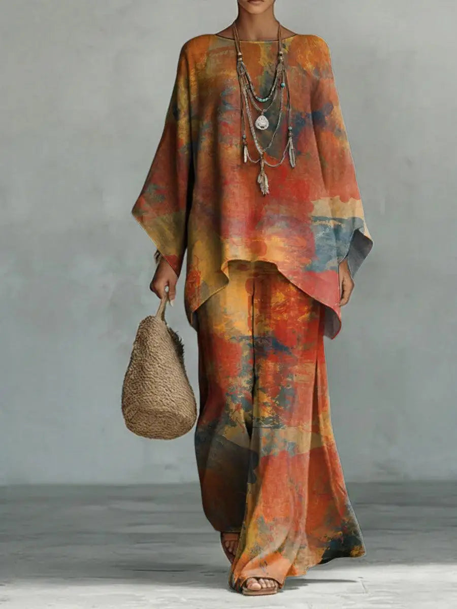 Bohemian Foreign Style Printed Women's Two-piece Set Spring Fashion O-neck Loose Top+wide Leg Pants Suit Ladies Office Outfit