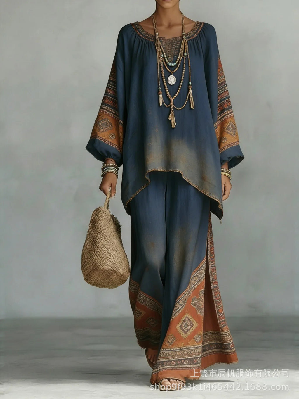 Bohemian Foreign Style Printed Women's Two-piece Set Spring Fashion O-neck Loose Top+wide Leg Pants Suit Ladies Office Outfit