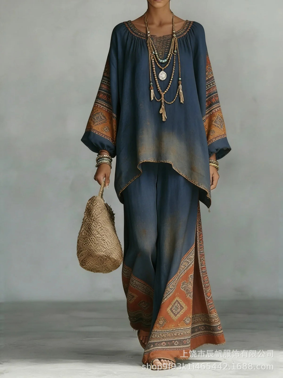 Bohemian Foreign Style Printed Women's Two-piece Set Spring Fashion O-neck Loose Top+wide Leg Pants Suit Ladies Office Outfit