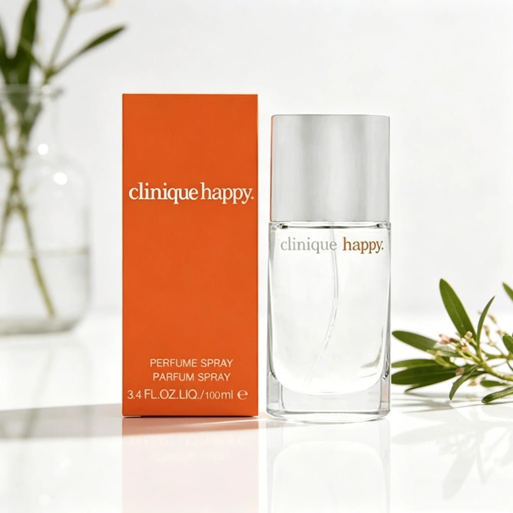 Clinique Happy Perfume Spray 100ML With Original Orange Gift Box Long Lasting Bright Fresh Citrus Floral Fruity Fragrance Women Perfume Clear Square Glass Silver Cap Bottle Cheerful Daily Scent Holiday Dating Gift for Ladies