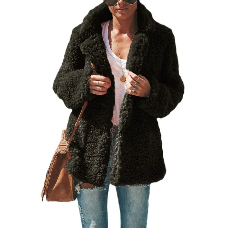 Autumn and Winter Loose Warm Plush Hot  Lapel Solid Color Long-sleeved Jacket Cardigan Europe and America 2025