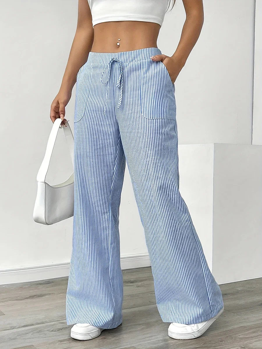 New Korean Style High Waist Drawstring Wide Leg Pants Women Vertical Striped Loose Casual Trousers Elastic Waist with Pockets