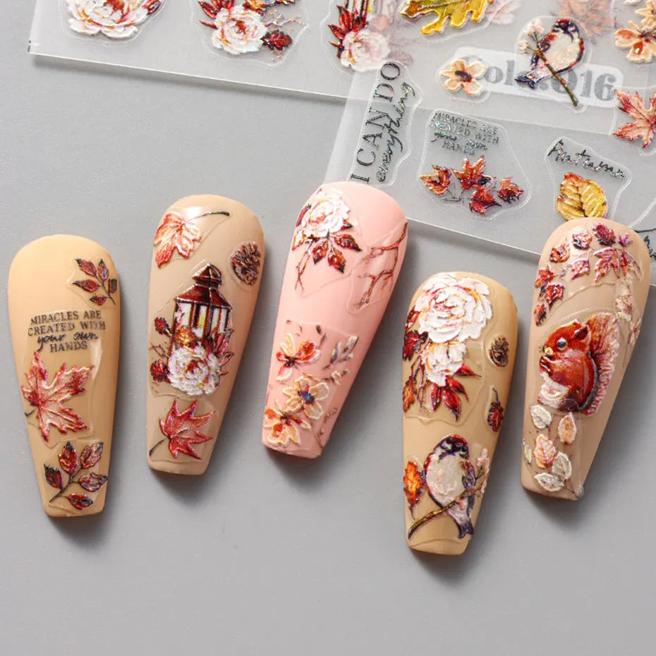 2/4pcs 5D Laser Autumn Bird Decals Fall Embossed Maple Leaves Squirrel Nail Sticker Fruits Flower Engraved Charm Manicure Decor