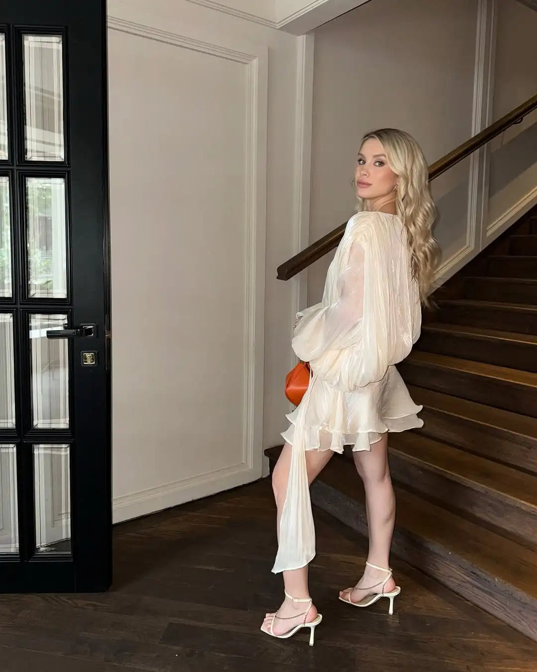 Female Fashion Long Flare Sleeves Lace Up Mini Dress Elegant Chiffon Ruffle High Waist Vestidos New 2025 Autumn Woman Party Wear