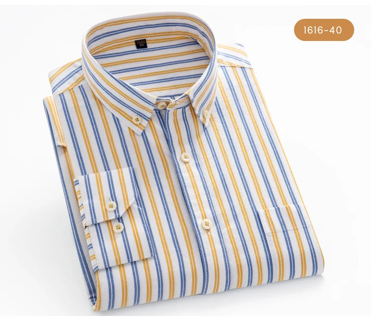 Men's 100% Cotton Breathable Oxford Fabric Dress Shirt, Plaid Striped Casual Long Sleeve, Button-Up with Collar and Chest Pocket