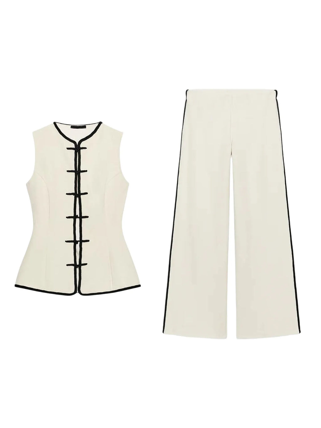 No-Sleeve round Neck Rope Knot Top with Wide Leg Pants Straight Cut Color Block Design Women's Fashion Set Autumn Collection