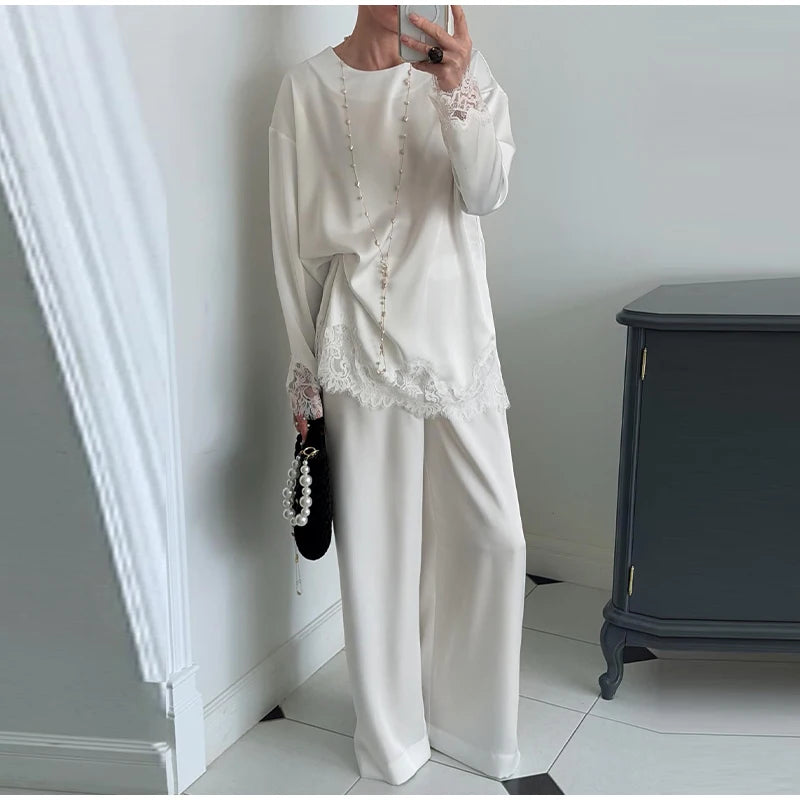 Elegant Lace Loose Dress Women Solid O-neck Full Sleeve Patchwork Dresses Female 2026 Summer White Robe Lady